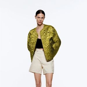 Zara green satin effect quilted jacket in floral print